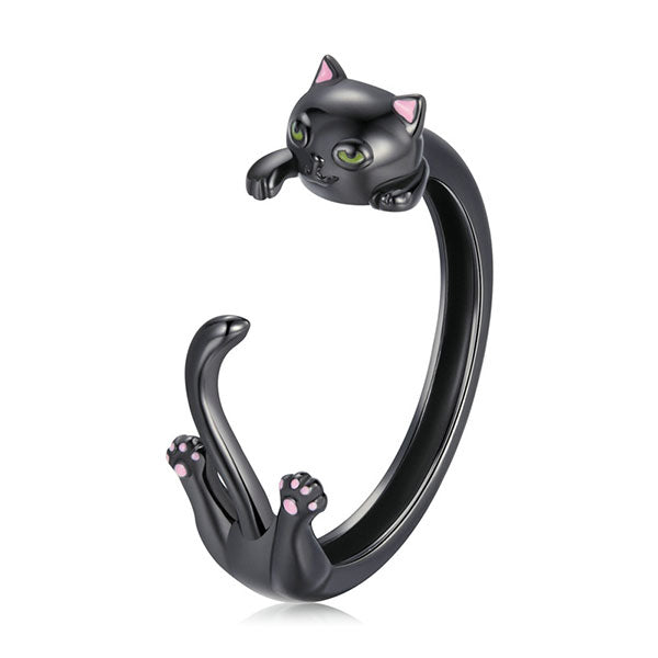 Cute Cat Shape 925 Sterling Silver Black Gold Plated Ring