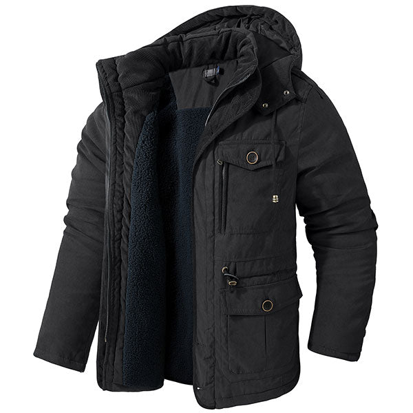 Men's Cashmere Hooded Thickened Multi Pocket Jacket US Size