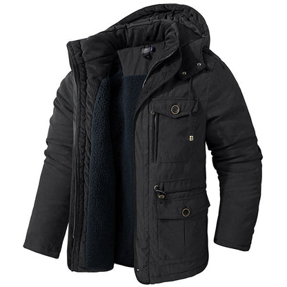 Men's Cashmere Hooded Thickened Multi Pocket Jacket US Size