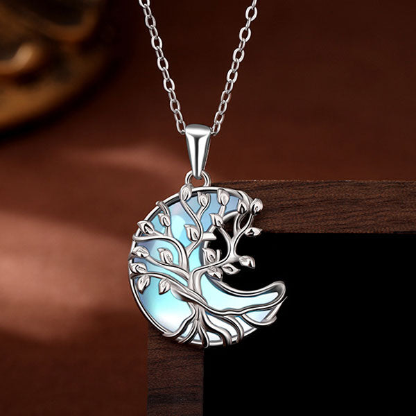 Cute 925 Sterling Silver Moonstone Inlaid Life Tree Moon Shape Necklace
