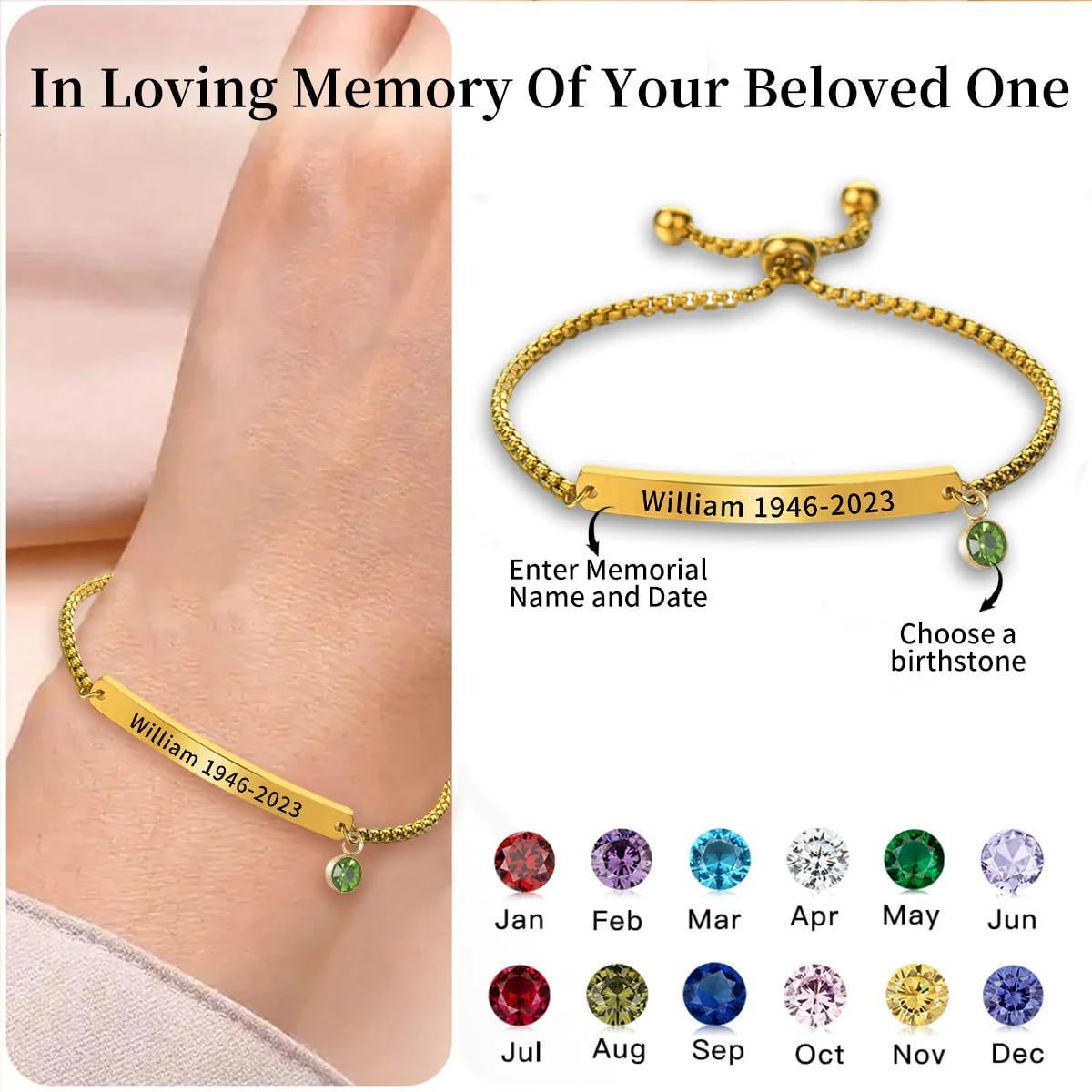 Personalized Name And Birthstone Memorial Bracelet For Adults And Children
