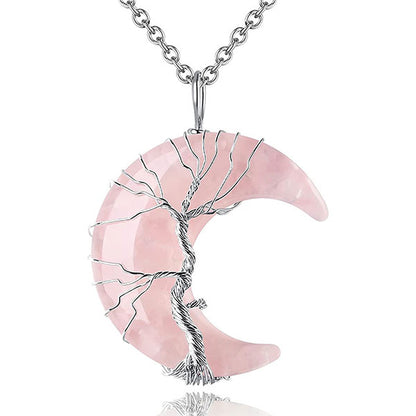 Fashion Life Tree And Moon Natural Crystal Necklace