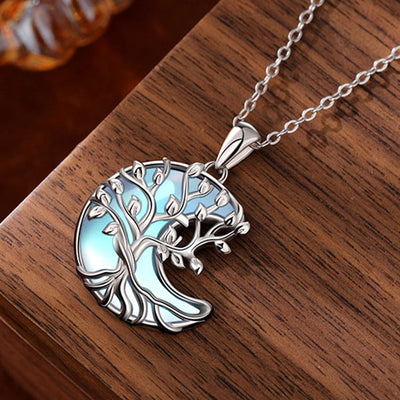 Cute 925 Sterling Silver Moonstone Inlaid Life Tree Moon Shape Necklace