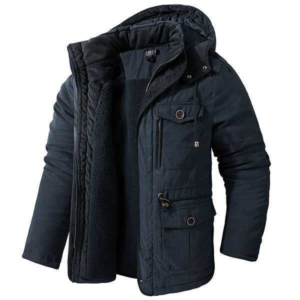 Men's Cashmere Hooded Thickened Multi Pocket Jacket US Size