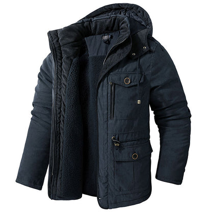 Men's Cashmere Hooded Thickened Multi Pocket Jacket US Size