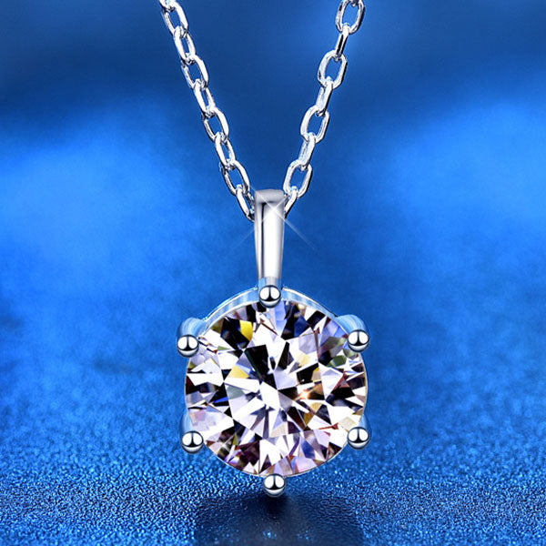 Classic 925 Sterling Silver Six Prong Round Cut Moissanite Stone Necklace