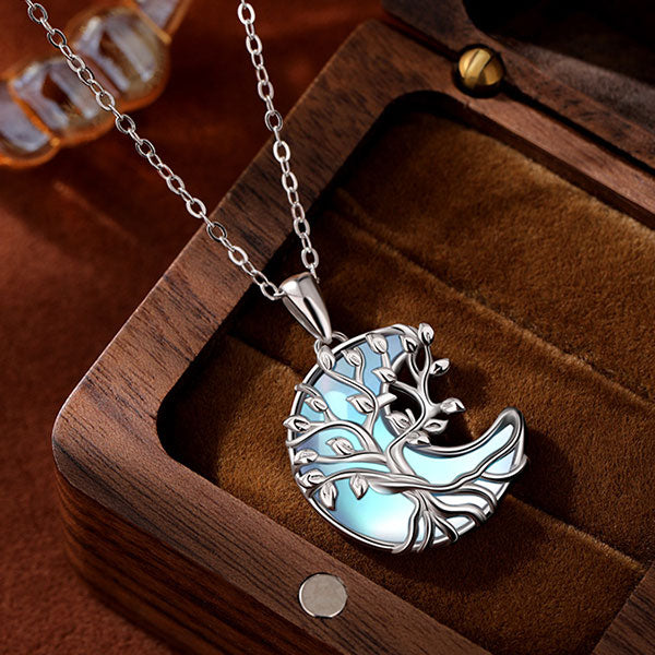 Cute 925 Sterling Silver Moonstone Inlaid Life Tree Moon Shape Necklace