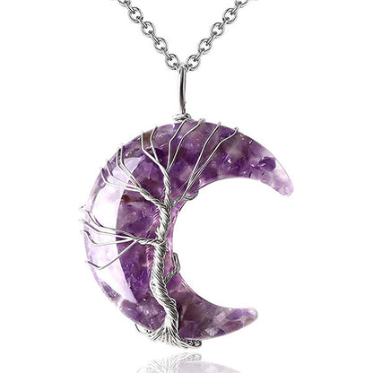 Fashion Life Tree And Moon Natural Crystal Necklace