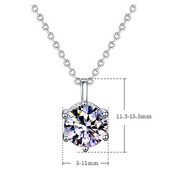 Classic 925 Sterling Silver Six Prong Round Cut Moissanite Stone Necklace