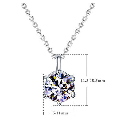 Classic 925 Sterling Silver Six Prong Round Cut Moissanite Stone Necklace