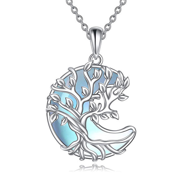 Cute 925 Sterling Silver Moonstone Inlaid Life Tree Moon Shape Necklace