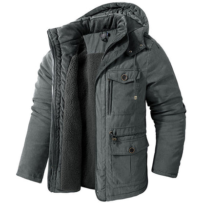 Men's Cashmere Hooded Thickened Multi Pocket Jacket US Size