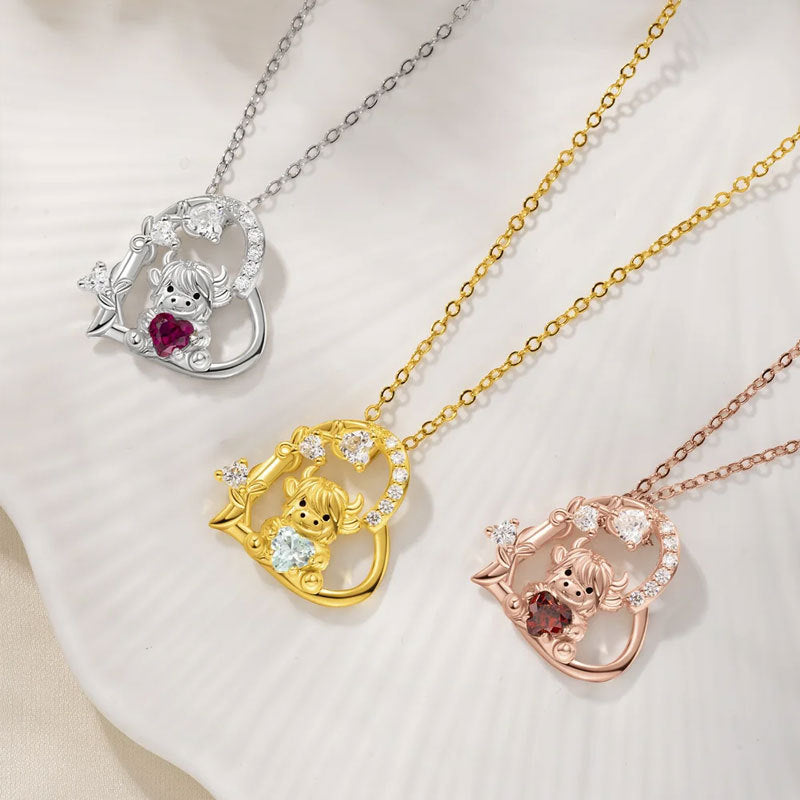 Cute Heart Shape Cow Necklace Custom Birthstone