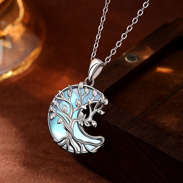 Cute 925 Sterling Silver Moonstone Inlaid Life Tree Moon Shape Necklace