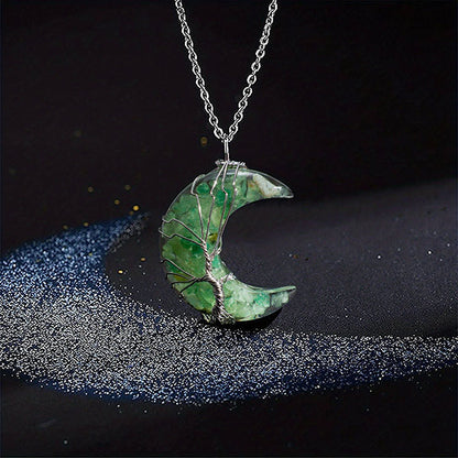 Fashion Life Tree And Moon Natural Crystal Necklace