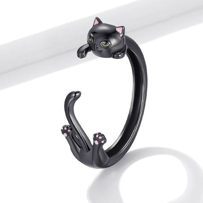 Cute Cat Shape 925 Sterling Silver Black Gold Plated Ring