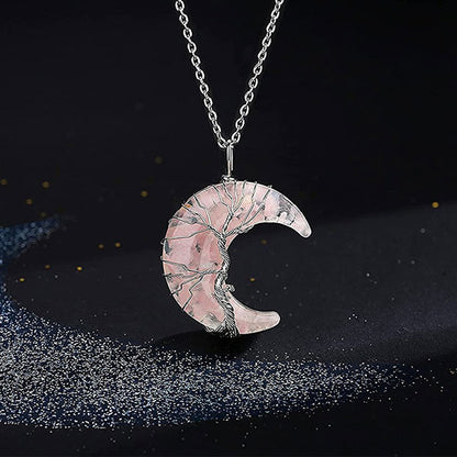 Fashion Life Tree And Moon Natural Crystal Necklace