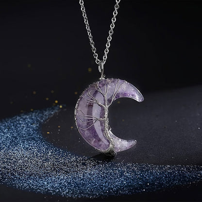 Fashion Life Tree And Moon Natural Crystal Necklace
