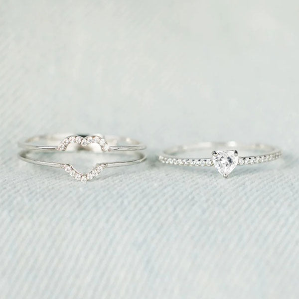 Gorgeous Two Pieces Heart Shape Stone 925 Sterling Silver Ring Sets