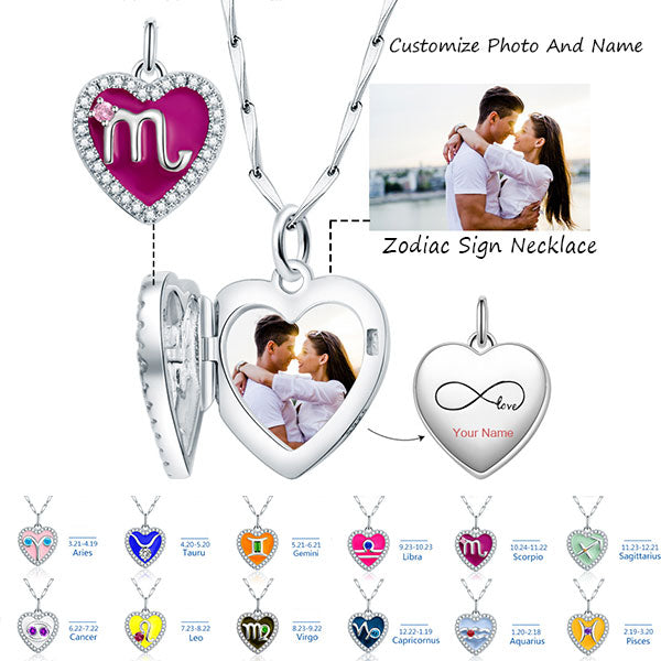 Cute Heart Shape Zodiac Sign DIY Name And Photo 925 Sterling Silver Necklace