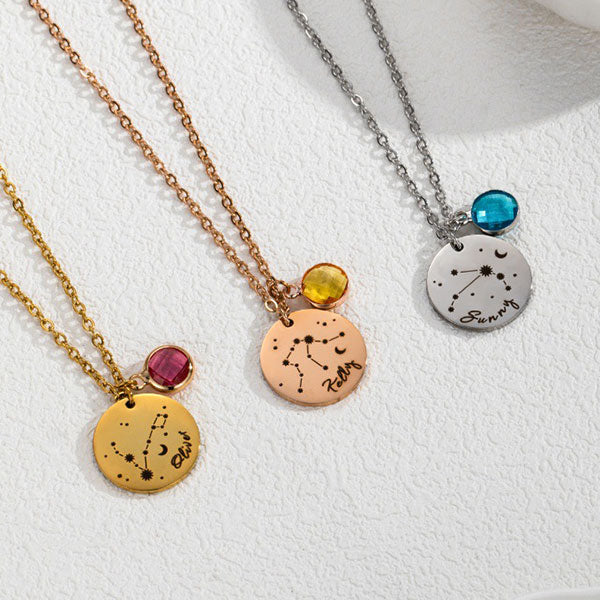 Custom Zodiac Sign Birthstone And Name Necklace