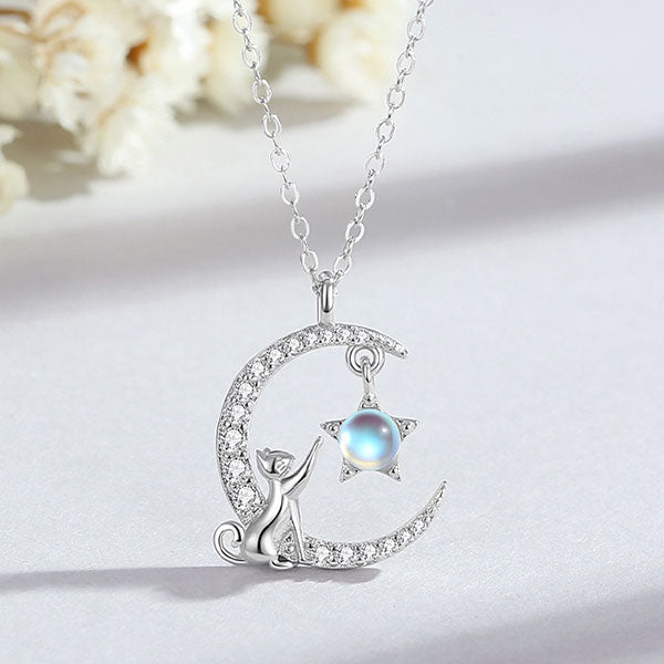 Fashion 925 Sterling Silver Moonstone Cat And Moon Necklace