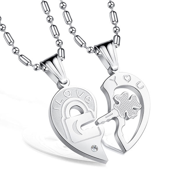 Fashion Lucky Leaf Key And Lock Match Heart Couple Necklaces