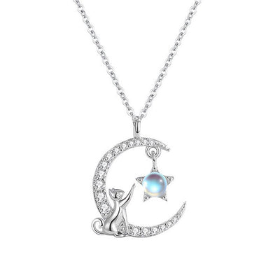 Fashion 925 Sterling Silver Moonstone Cat And Moon Necklace