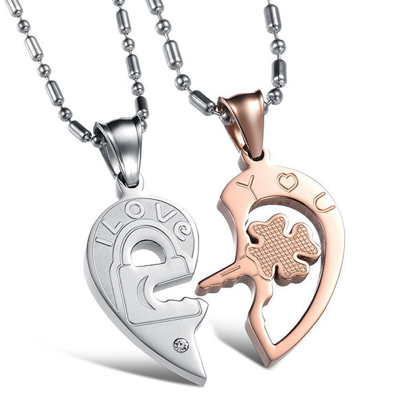 Fashion Lucky Leaf Key And Lock Match Heart Couple Necklaces