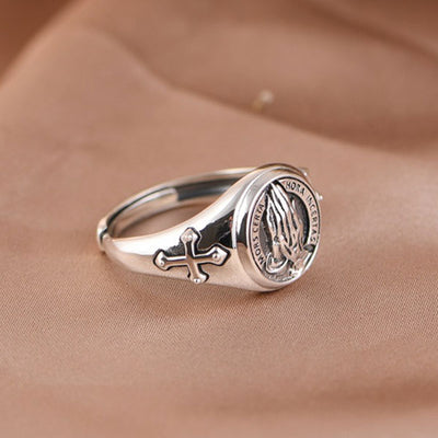 Classic 925 Sterling Silver Pray Hands Adjustable Cross Ring