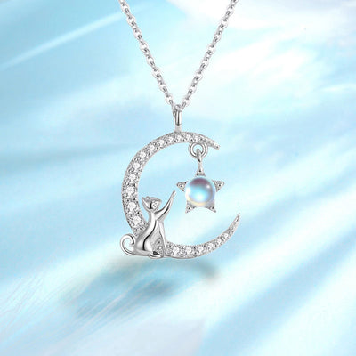 Fashion 925 Sterling Silver Moonstone Cat And Moon Necklace