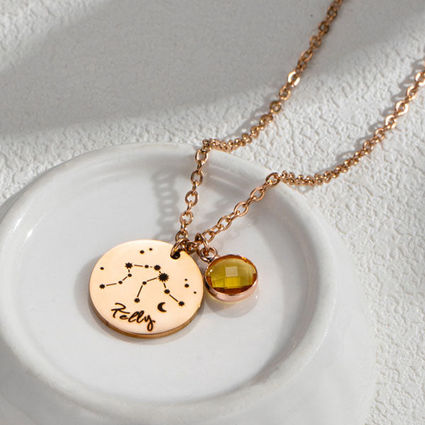 Custom Zodiac Sign Birthstone And Name Necklace