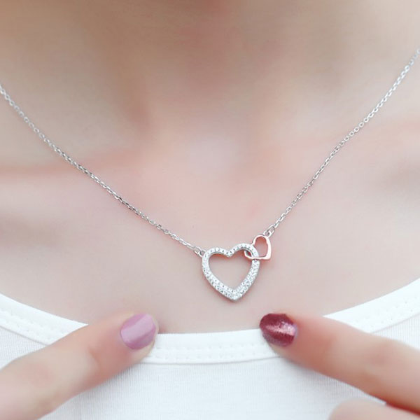 Romantic 925 Sterling Silver Double Hearts Necklace