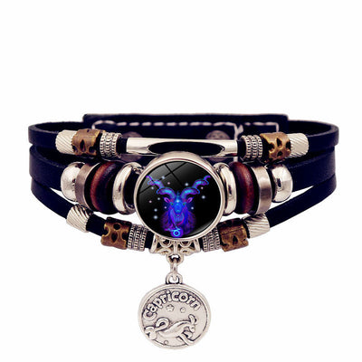 Zodiac Sign Leaher Blue Bracelet With Pendant