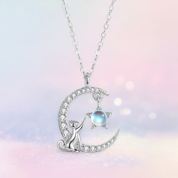 Fashion 925 Sterling Silver Moonstone Cat And Moon Necklace