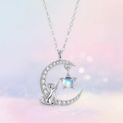 Fashion 925 Sterling Silver Moonstone Cat And Moon Necklace