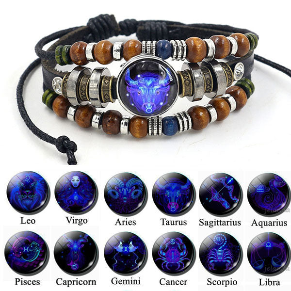 Fashion Three-Layer Luminous Zodiac Sign Adjustable String Leather Bracelet