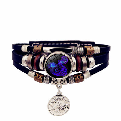 Zodiac Sign Leaher Blue Bracelet With Pendant