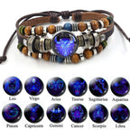 Fashion Three-Layer Luminous Zodiac Sign Adjustable String Leather Bracelet