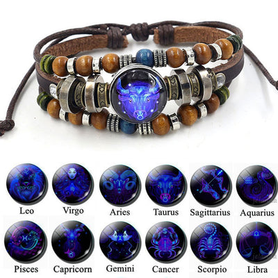 Fashion Three-Layer Luminous Zodiac Sign Adjustable String Leather Bracelet