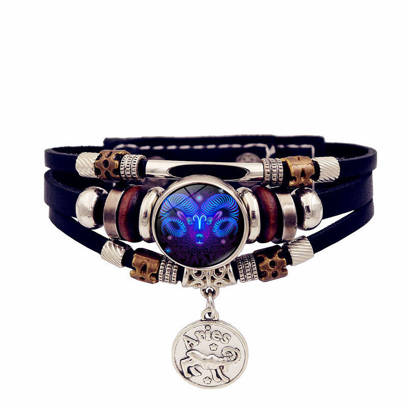 Zodiac Sign Leaher Blue Bracelet With Pendant