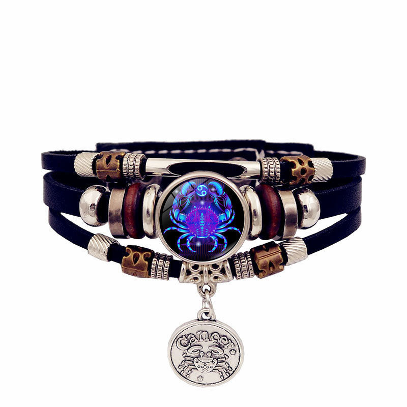 Zodiac Sign Leaher Blue Bracelet With Pendant