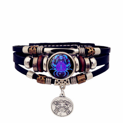 Zodiac Sign Leaher Blue Bracelet With Pendant