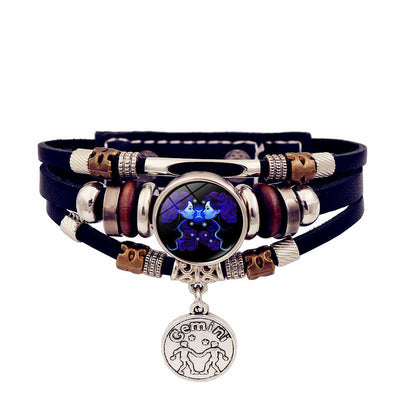 Zodiac Sign Leaher Blue Bracelet With Pendant