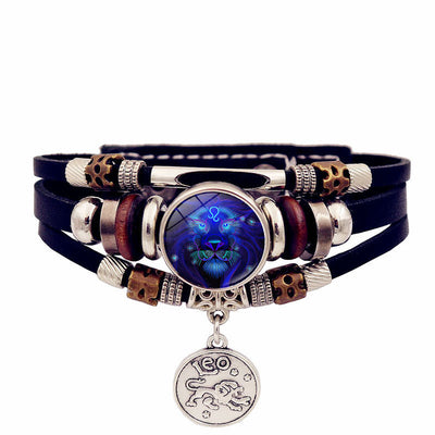 Zodiac Sign Leaher Blue Bracelet With Pendant