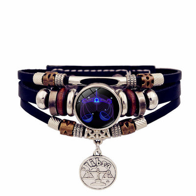 Zodiac Sign Leaher Blue Bracelet With Pendant