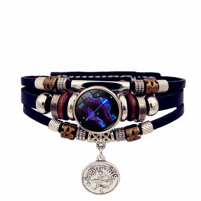 Zodiac Sign Leaher Blue Bracelet With Pendant