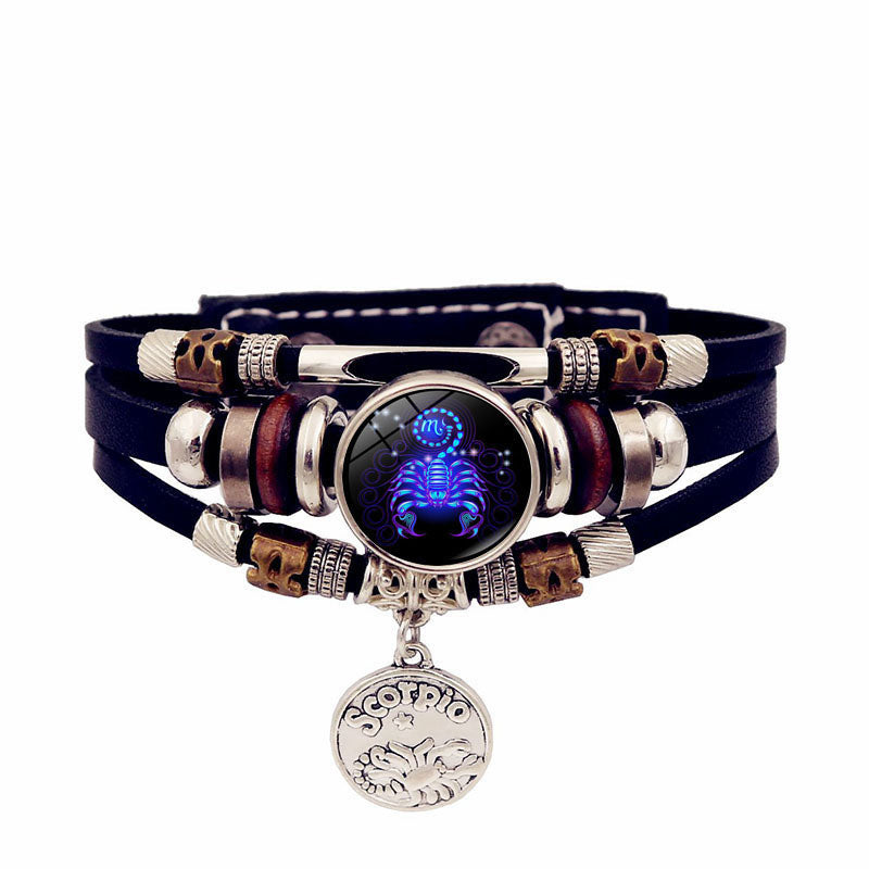 Zodiac Sign Leaher Blue Bracelet With Pendant