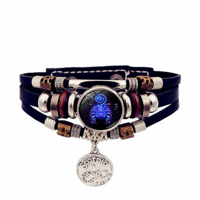 Zodiac Sign Leaher Blue Bracelet With Pendant