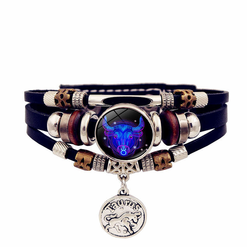 Zodiac Sign Leaher Blue Bracelet With Pendant